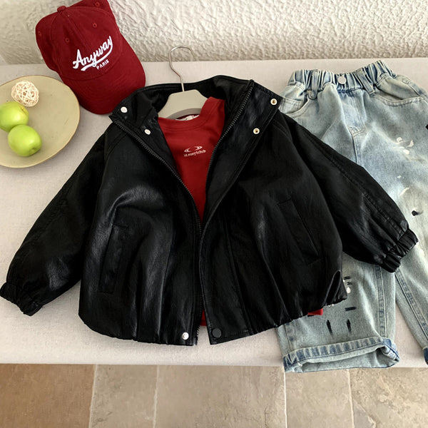 Boys' black faux leather motorcycle jacket