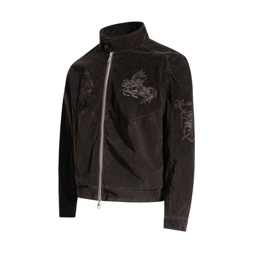 Men's deconstructed embroidered faux leather jacket, view 2