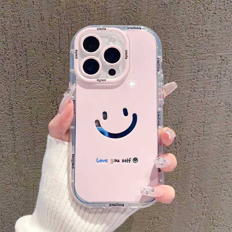 Mirror phone case with painted smiley face, view 2