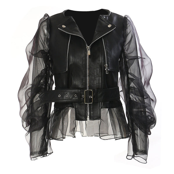 Short Coat Women Organza Bubble Sleeved Ruffled Fashion Leather Jacket Streetwear Retro Y2k Black Faux Leather Jacket Autumn