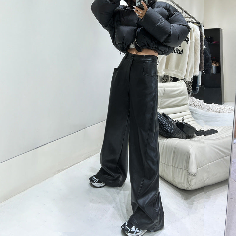Black high waisted wide leg PU leather pants for women