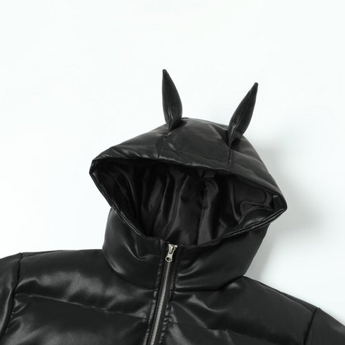 Hooded faux leather puffer jacket with devil horns, hood detail