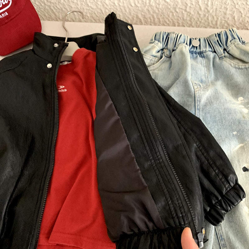 Boys' black faux leather motorcycle jacket, view 3