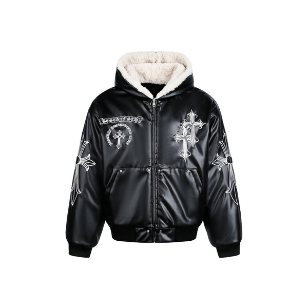 Men's cross zip padded faux leather moto jacket