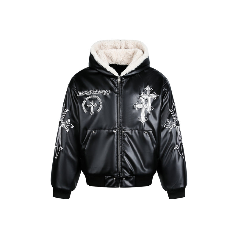 Men's cross zip padded faux leather moto jacket