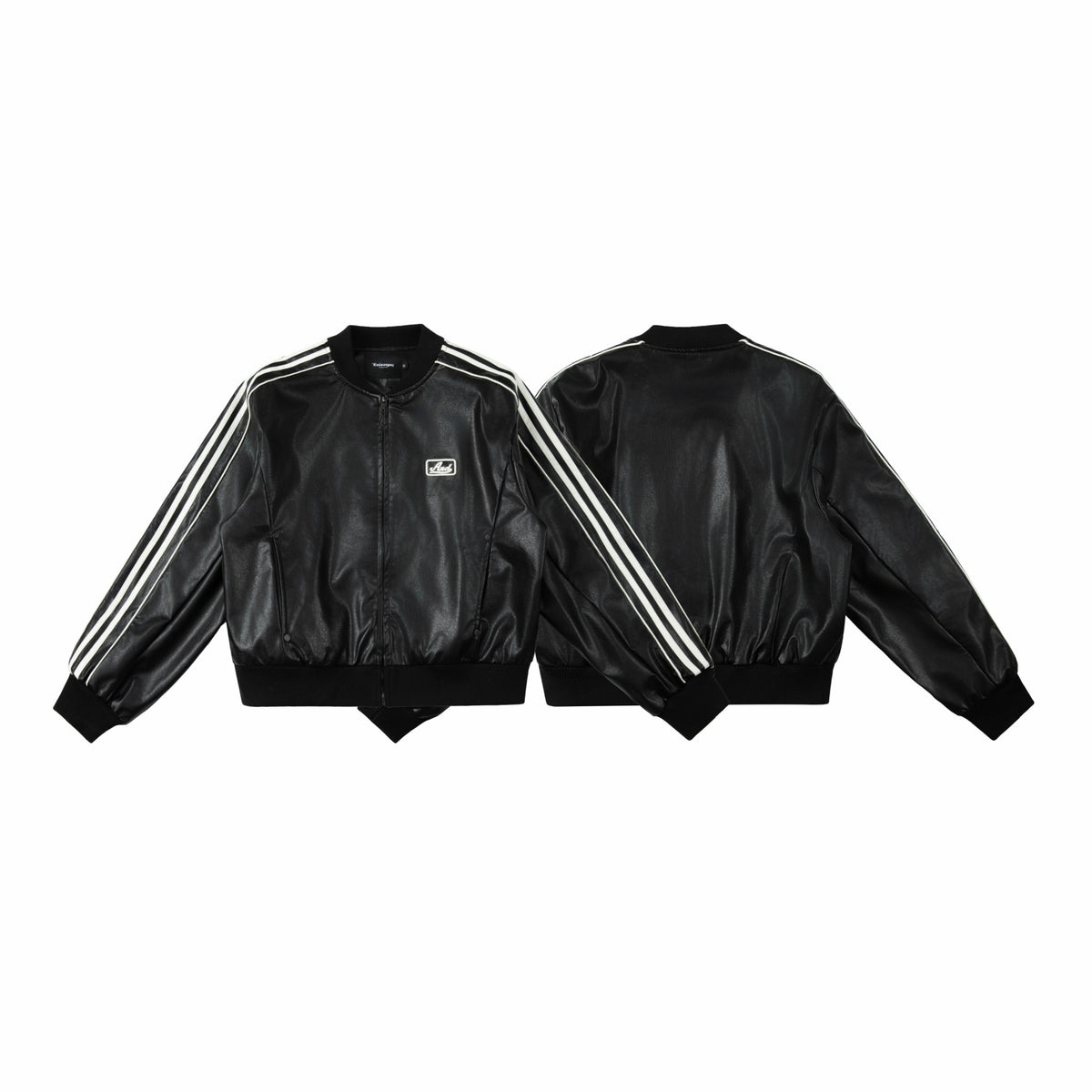 PU Leather Three-Stripe Baseball Jacket Short Style