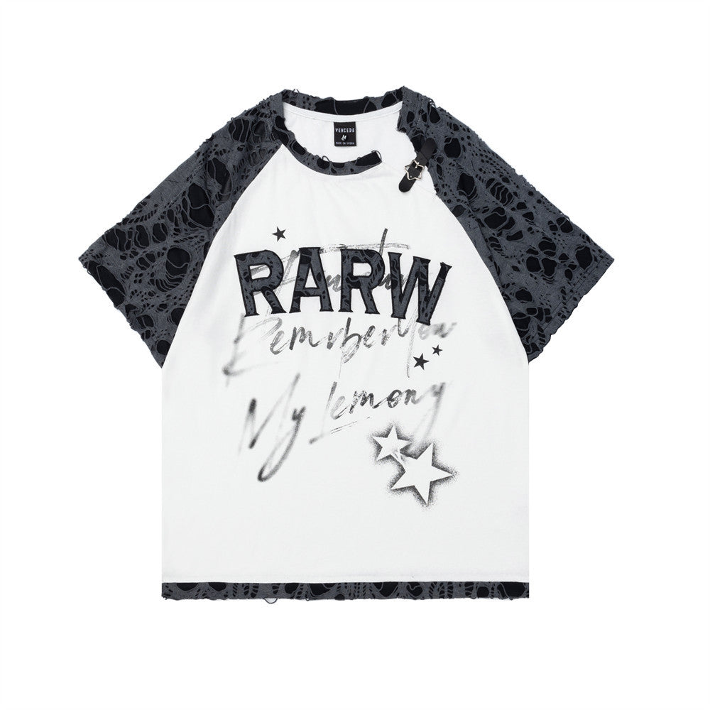 Color blocking letter print leather hole short sleeved shirt