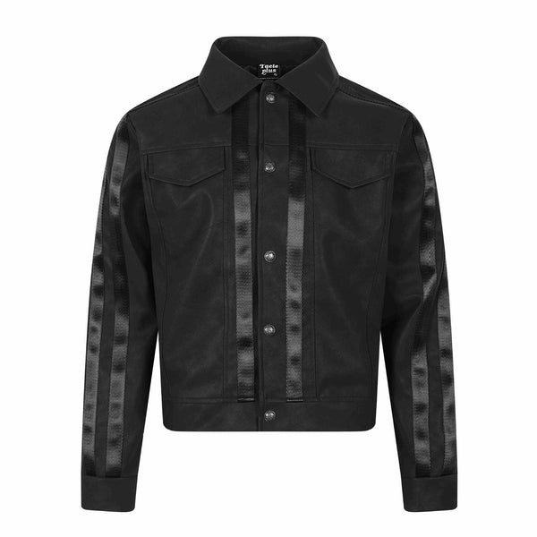 Design Sense PU Leather Jacket with Tape Splicing Unisex Short Jacket