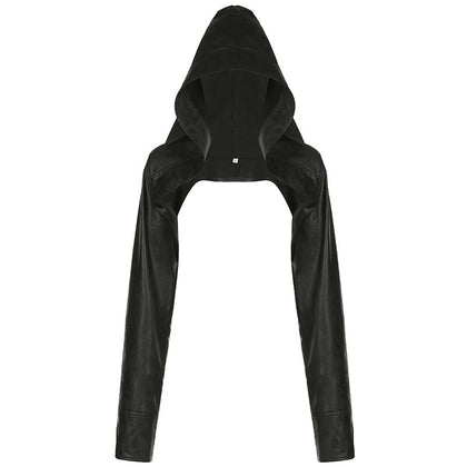 Black hooded cropped faux leather moto jacket