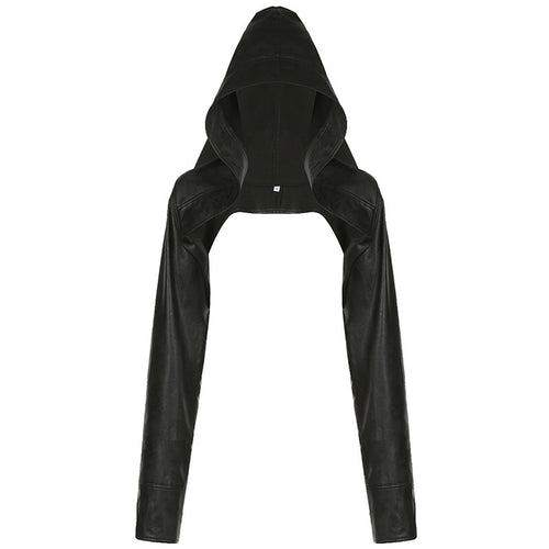 Black hooded cropped faux leather moto jacket