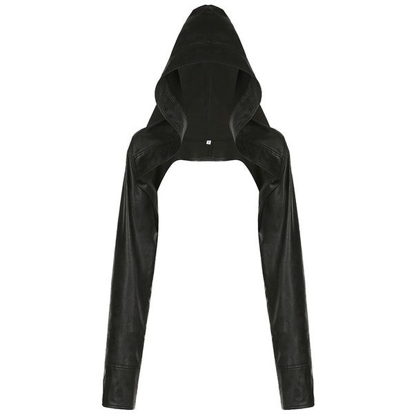 Black hooded cropped faux leather moto jacket