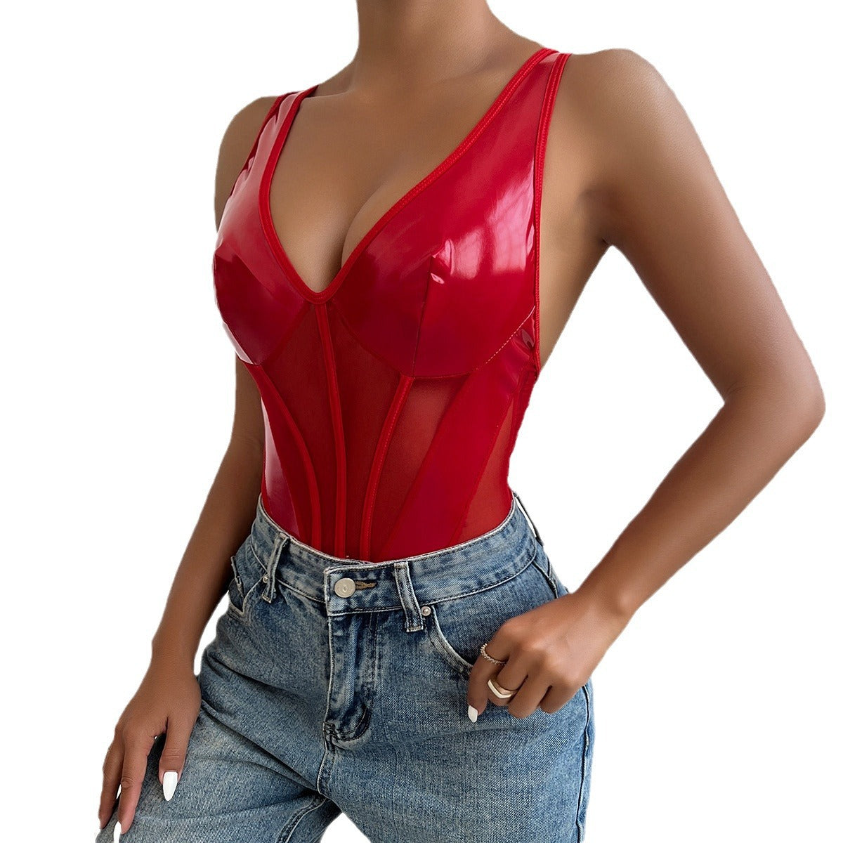 Sexy V-neck Fashion Spliced PU Reflective Leather Jumpsuit