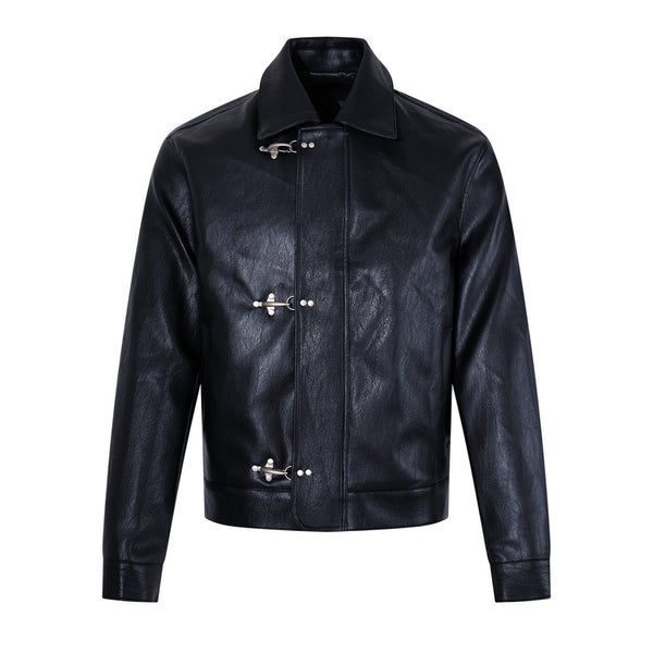 Short black flip collar faux leather jacket