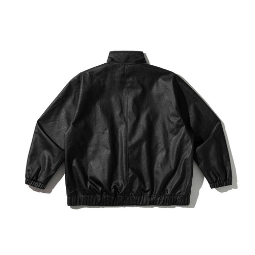 Black loose faux leather jacket with metal buckles, view 2