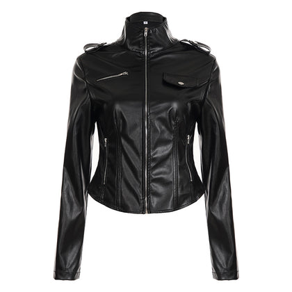 Waist slimming leather slimming long sleeved jacket