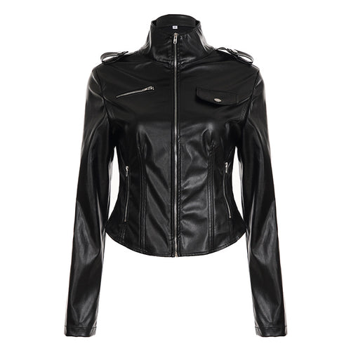 Women's black waist-defining faux leather jacket