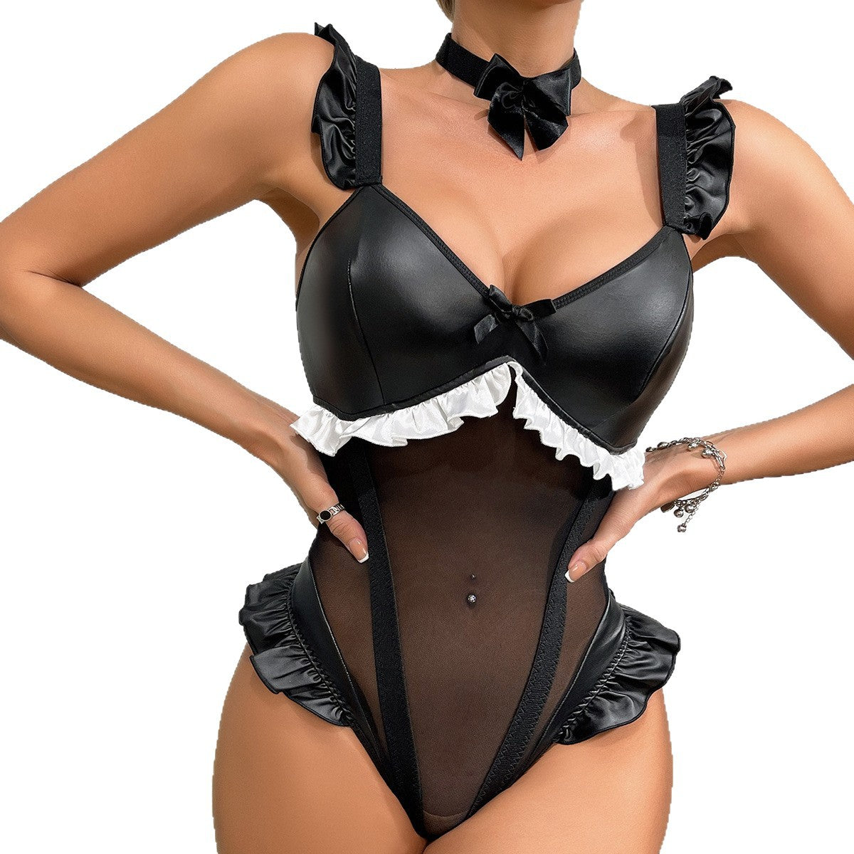 Sexy and Cute Bowknot Patent Leather and Mesh Spliced Bodysuit Set