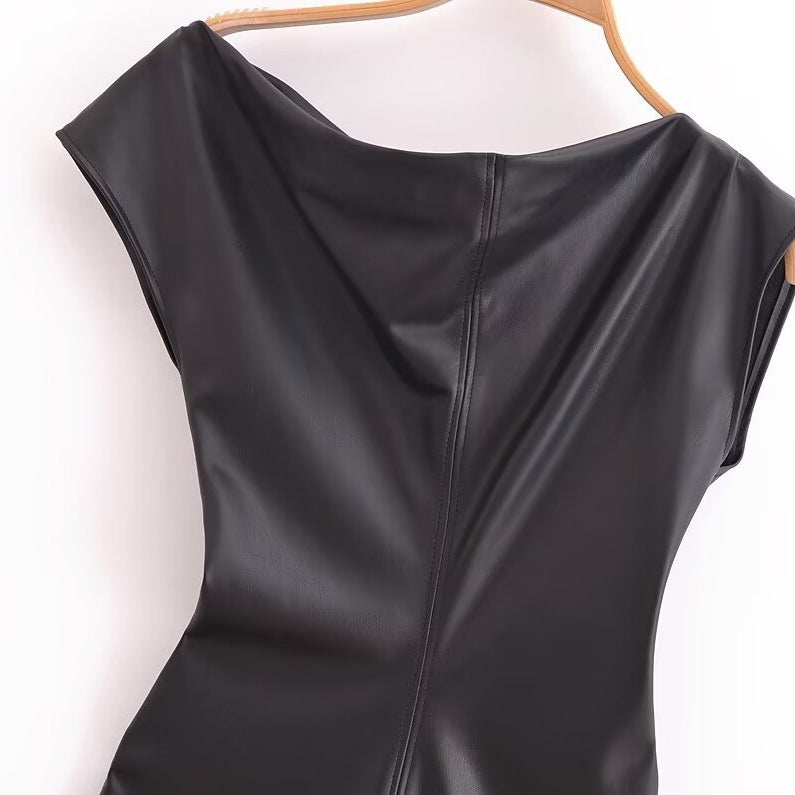Black asymmetric faux leather pleated dress, view 3