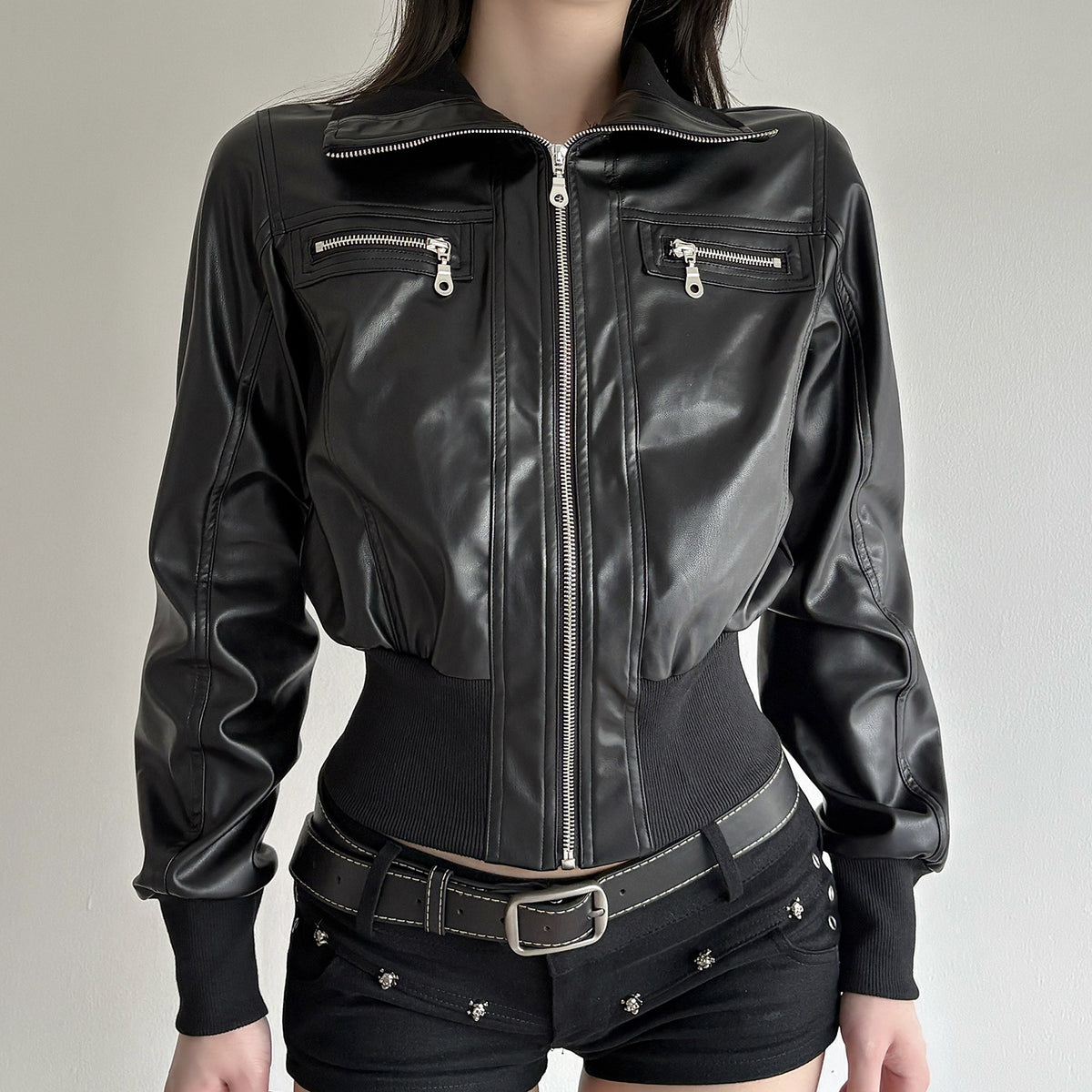 Retro dark leather pocket patchwork workwear jacket
