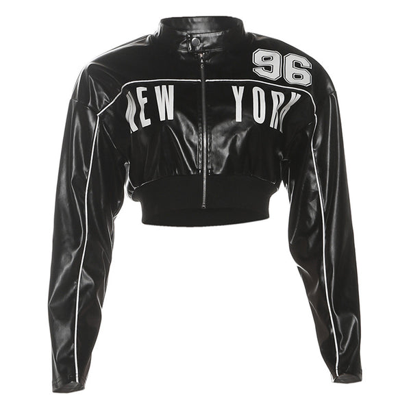 Women's black stand collar faux leather jacket