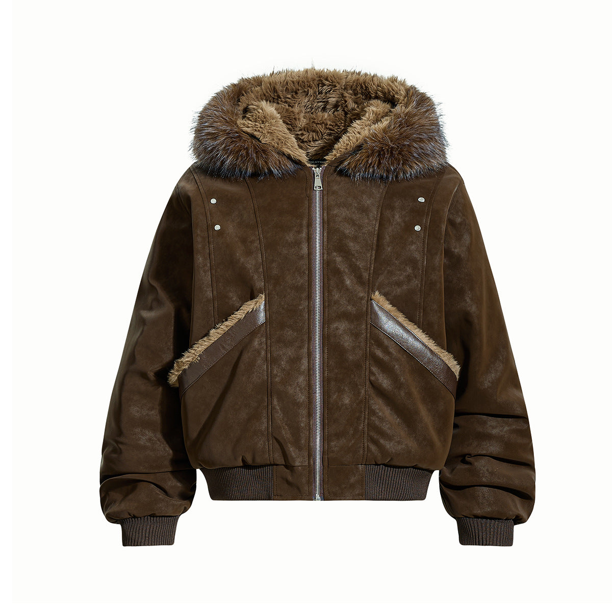 Plush collar hooded faux leather jacket, view 2