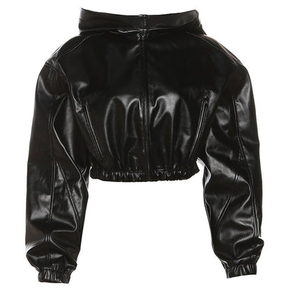 Women's cropped hooded faux leather jacket
