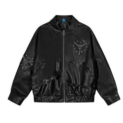 Retro punk loose faux leather motorcycle jacket