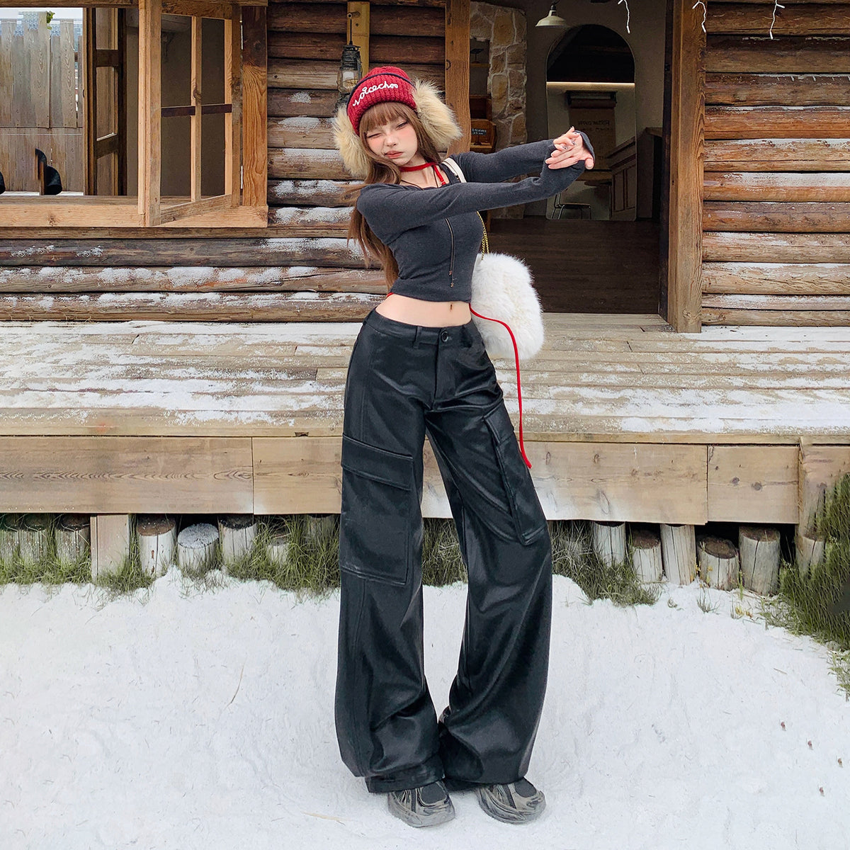 Vintage Loose Wide-Leg Versatile Fall/Winter Drapey Leather Pants
