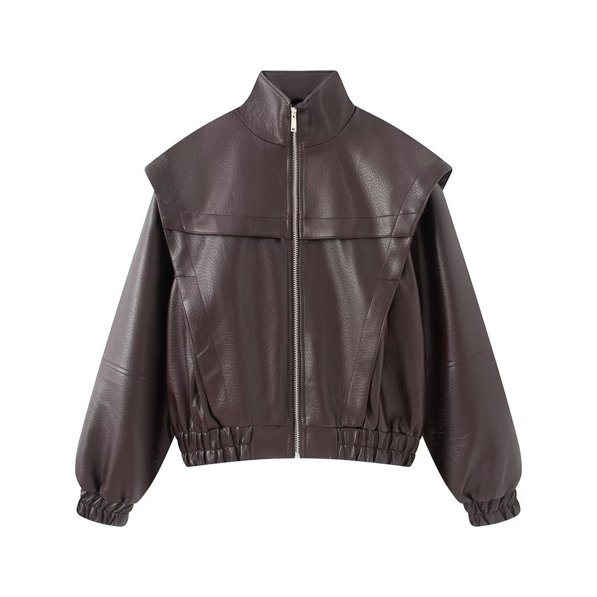 Stand up collar zipper fake two lychee leather patterned jackets