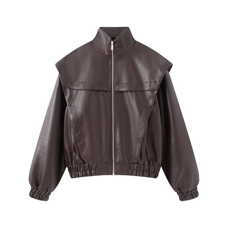 Men's litchi grain faux leather stand collar jacket in dark brown