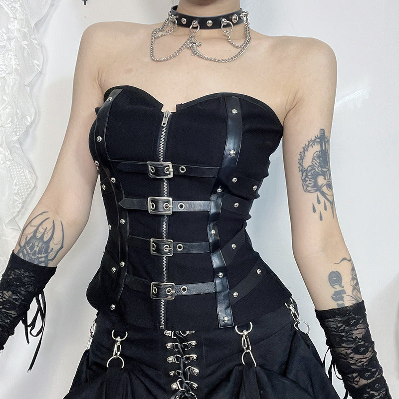 Spicy girl versatile fishbone strapless leather buckle vest for women