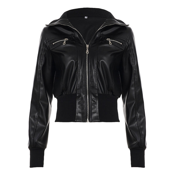 Retro dark leather pocket patchwork workwear jacket