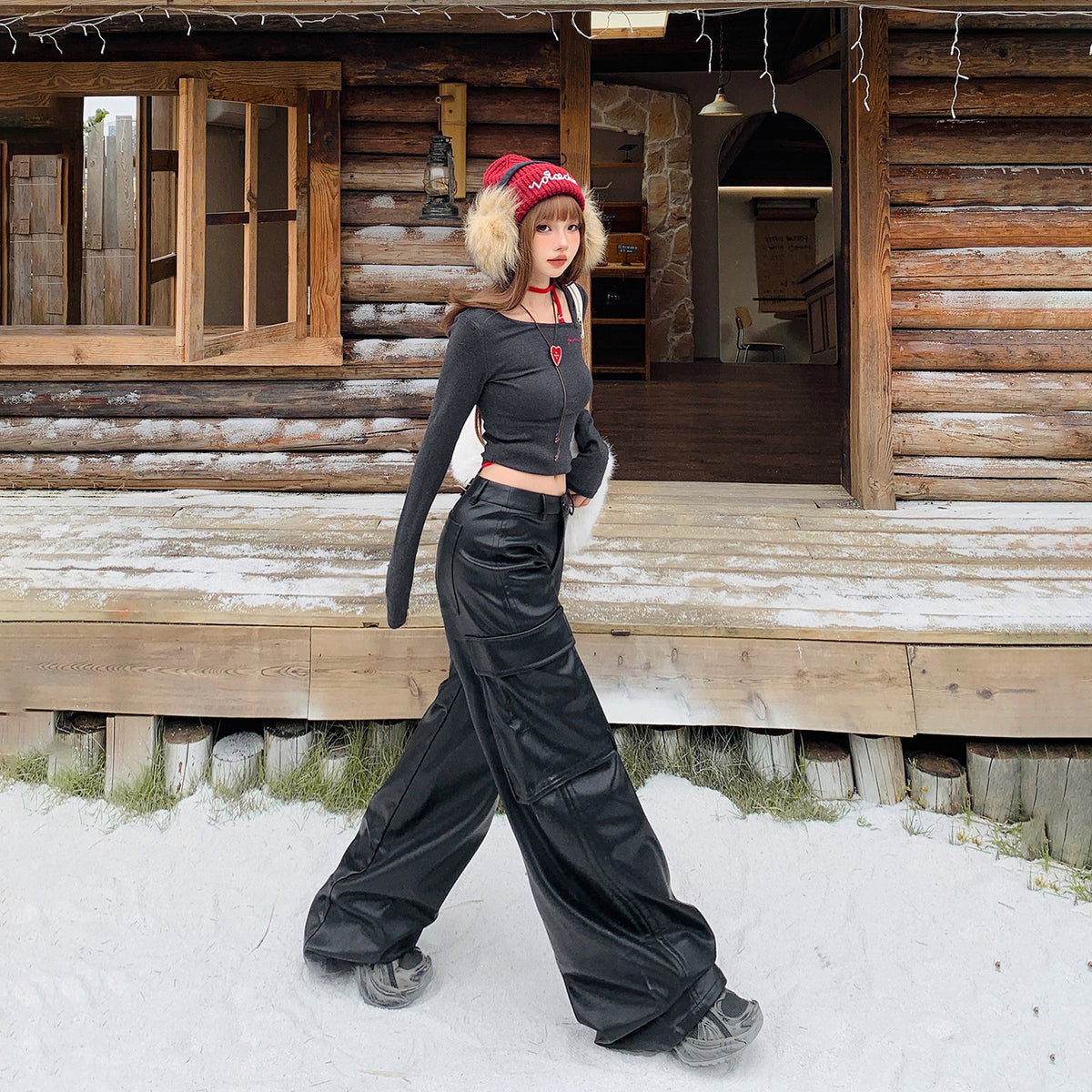 Vintage Loose Wide-Leg Versatile Fall/Winter Drapey Leather Pants