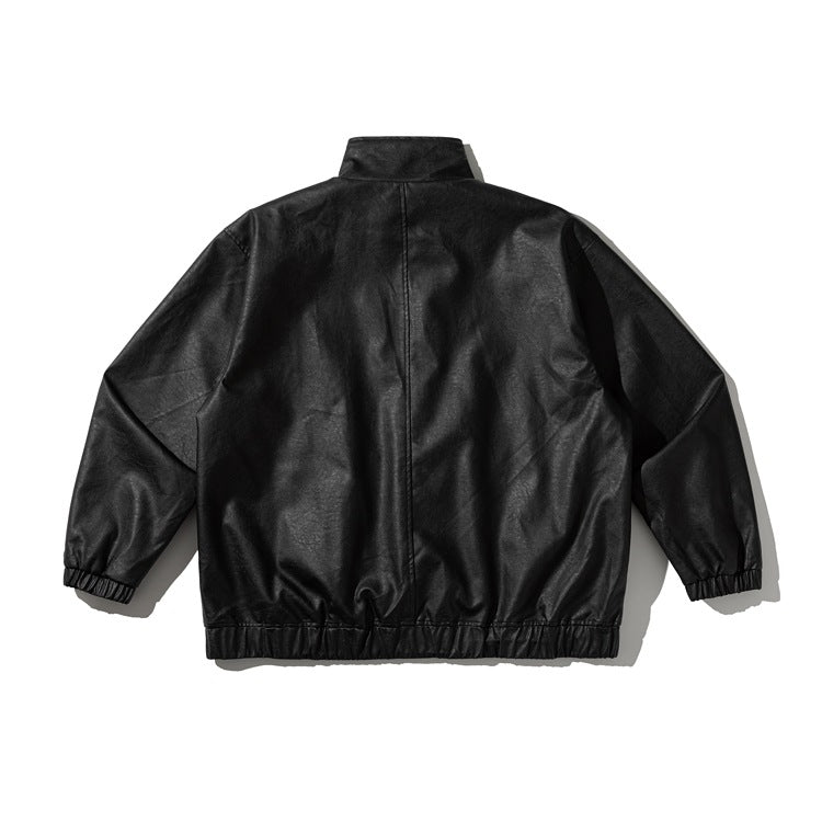 Metal Plane Buckle Design Loose PU Leather Jacket for Men