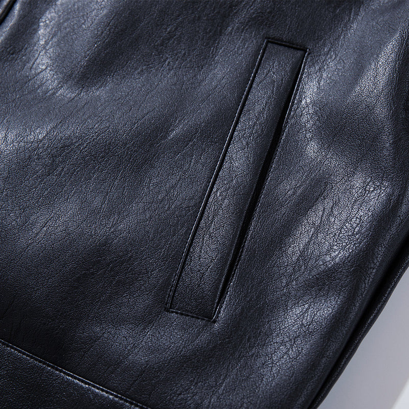 Short black flip collar faux leather jacket, view 3