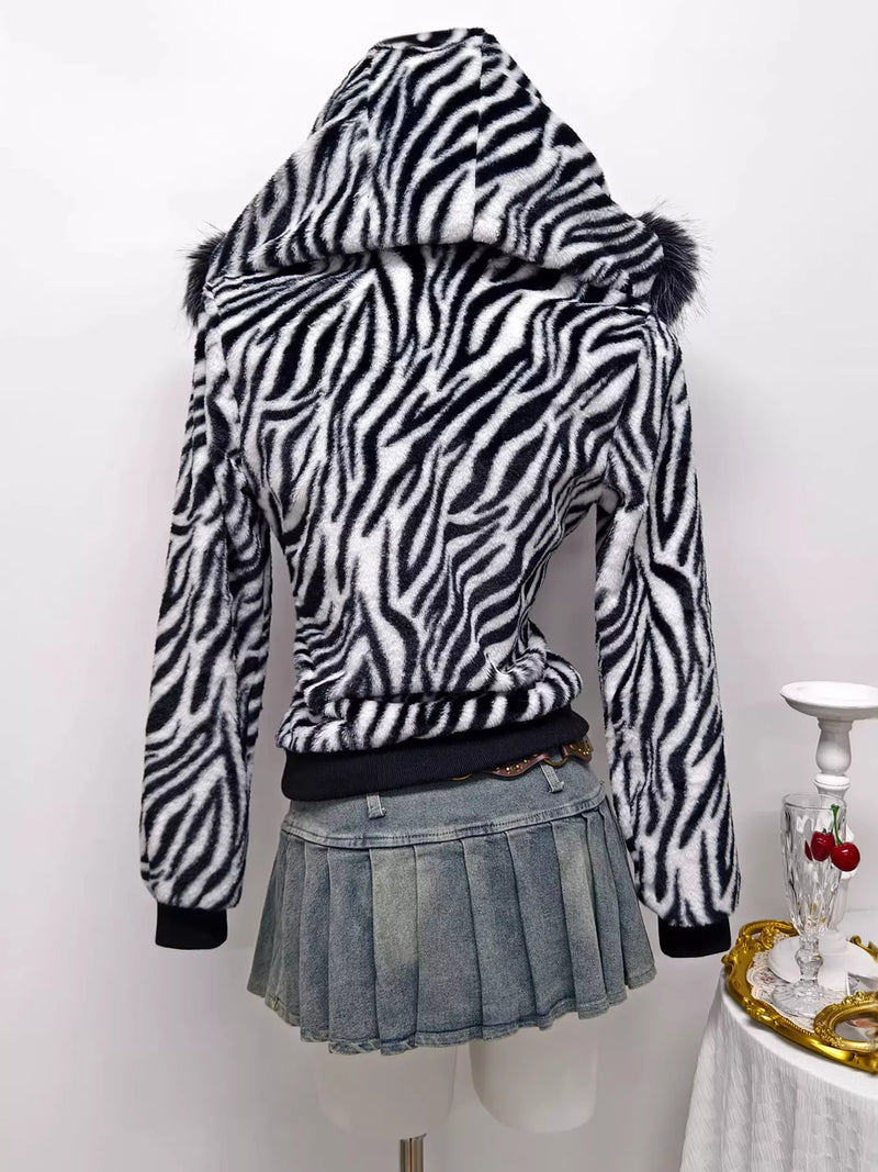 Zebra print faux fur hooded zip-up jacket, view 4
