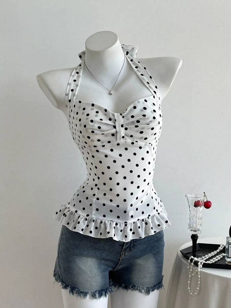 Black polka dot halter neck cami top, view 3