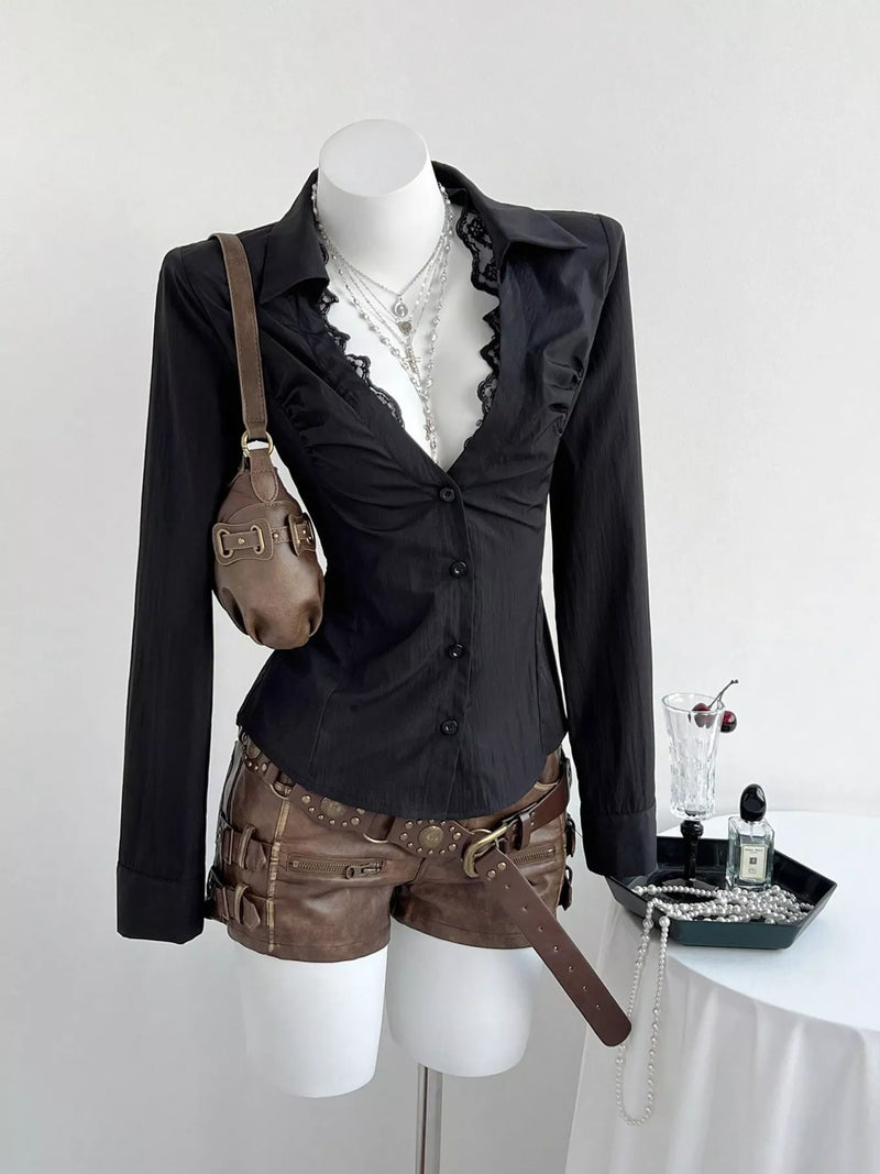 Black lace trim slim fit shirt, view 3