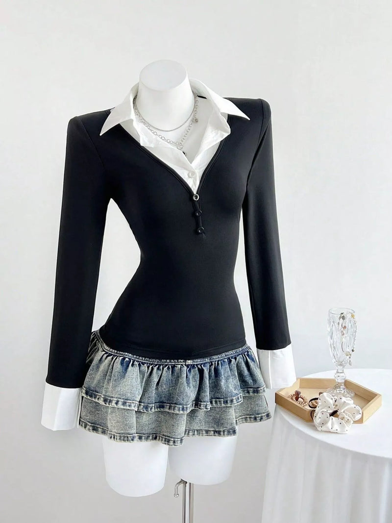 Black long sleeve polo collar slim fit top