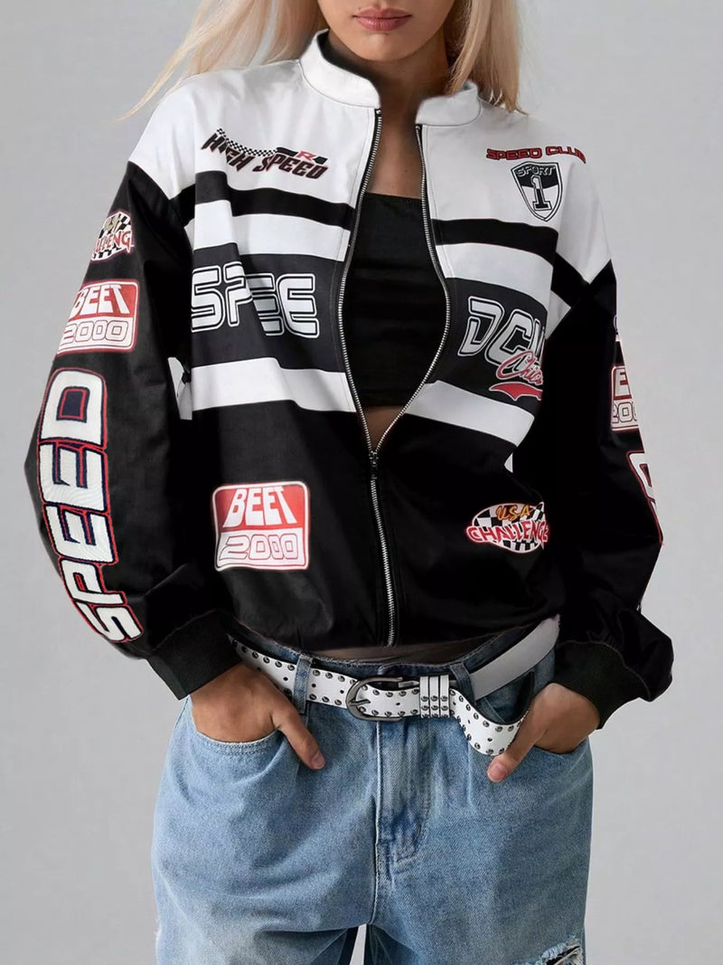 Black letter print zip-up dropped shoulder jacket