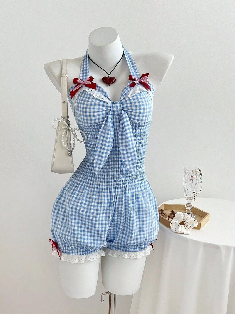 Blue gingham bowknot halter neck romper
